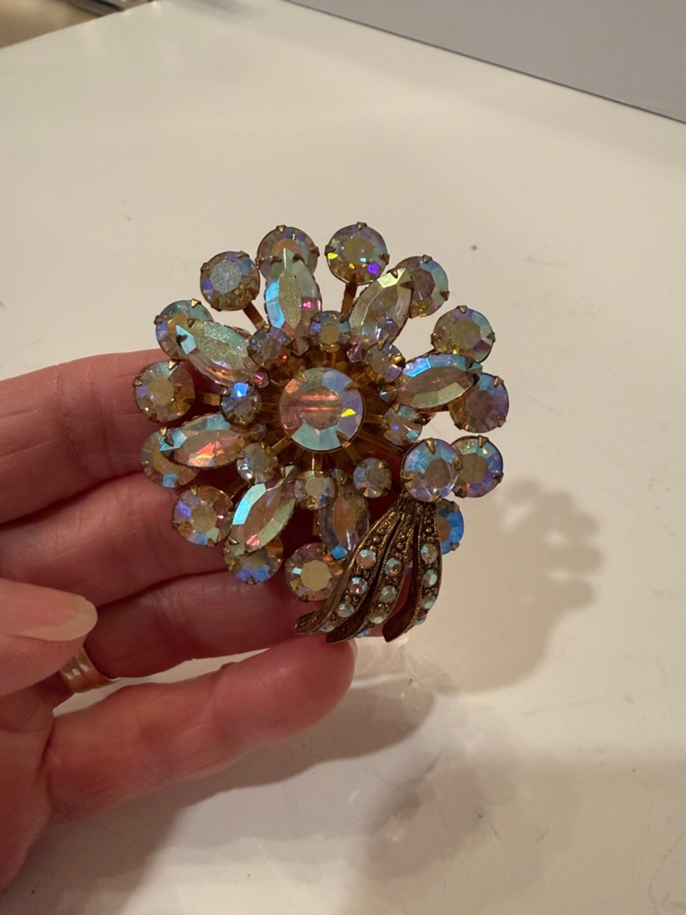 Aurora Borealis Crystal Flower Brooch - Gold Tone